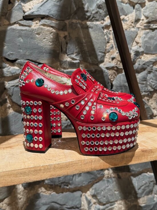 Gucci Shoes - Gucci 2018 Red Leather Amilna Crystal Embellished Platform Pumps
